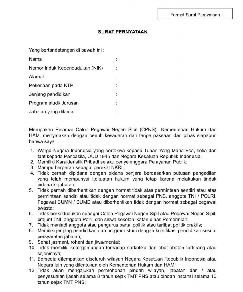 Contoh Surat Pernyataan CPNS KEMENKUMHAM 2019 Lulusan SMA D3 S1