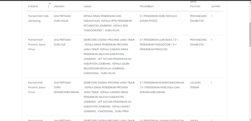 Formasi Seleksi CPNS KAB JOMBANG JATIM 2019 SMA D3 S1