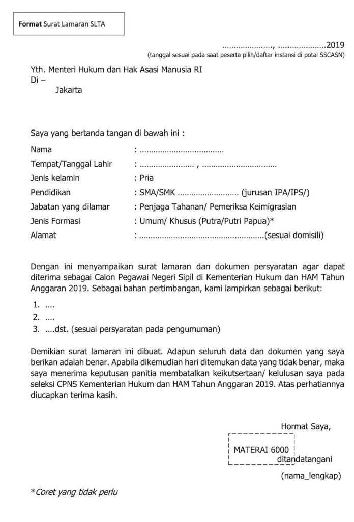 Contoh Surat Lamaran CPNS KEMENKUMHAM 2019 Lulusan SMA D3 S1